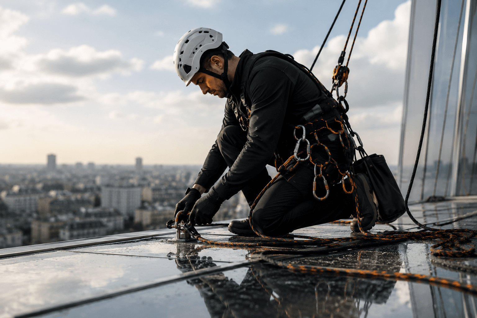 Cordiste en pose d'ancrage sur toiture-terrasse, panorama parisien