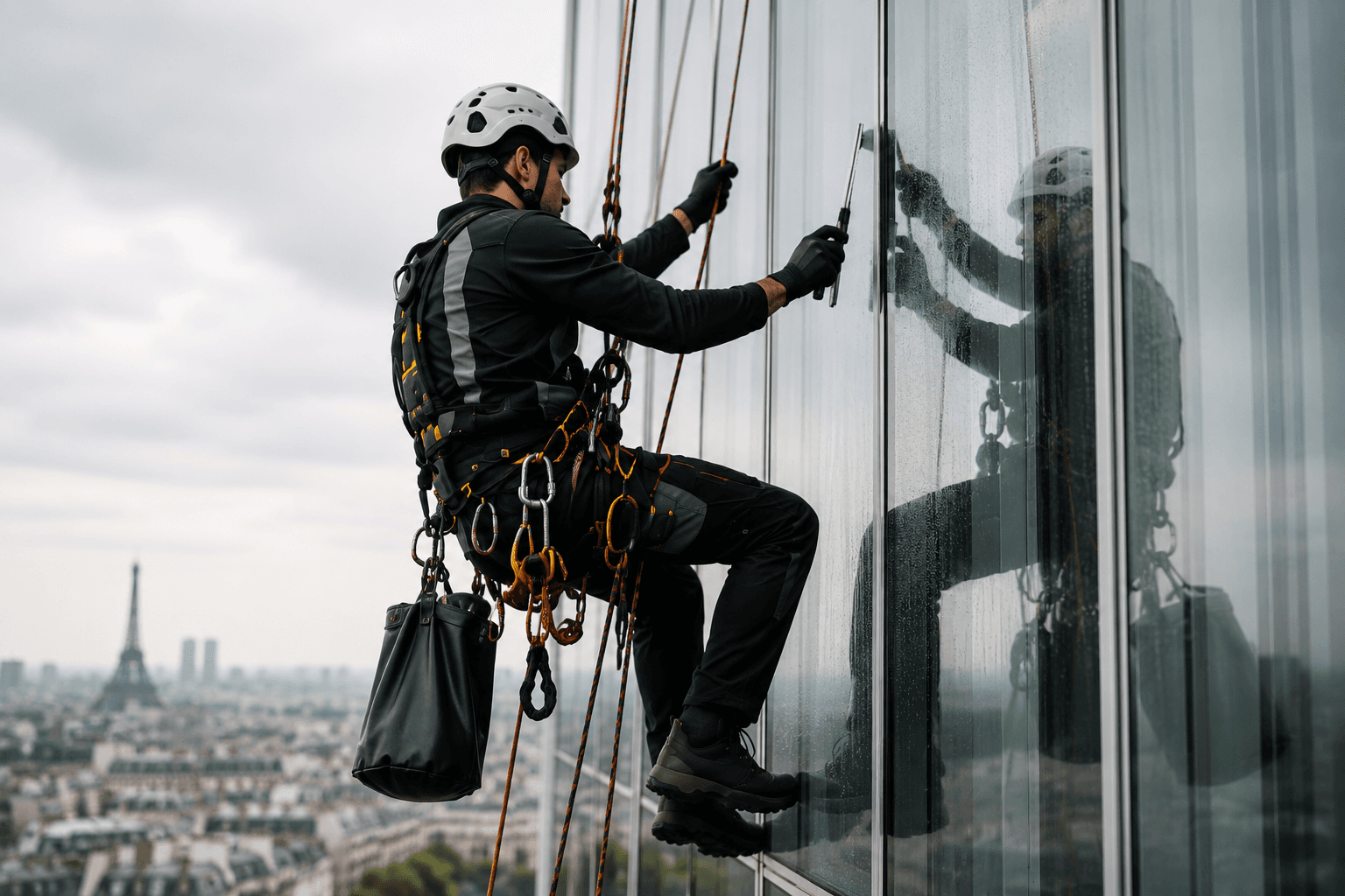 Nettoyage de vitrage en hauteur sur tour de bureaux, Paris en arrière-plan